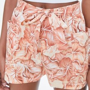 Forever 21 Tropical Leaf Print Belted Shorts - Peach/Multi - Size Medium